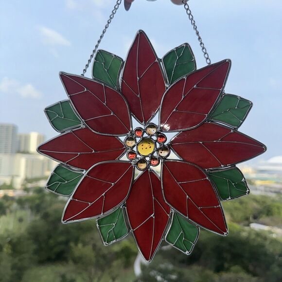 Stained Glass Pointsettia Christmas Flower Wreath Door Window Decor Sun Catcher - Picture 1 of 12